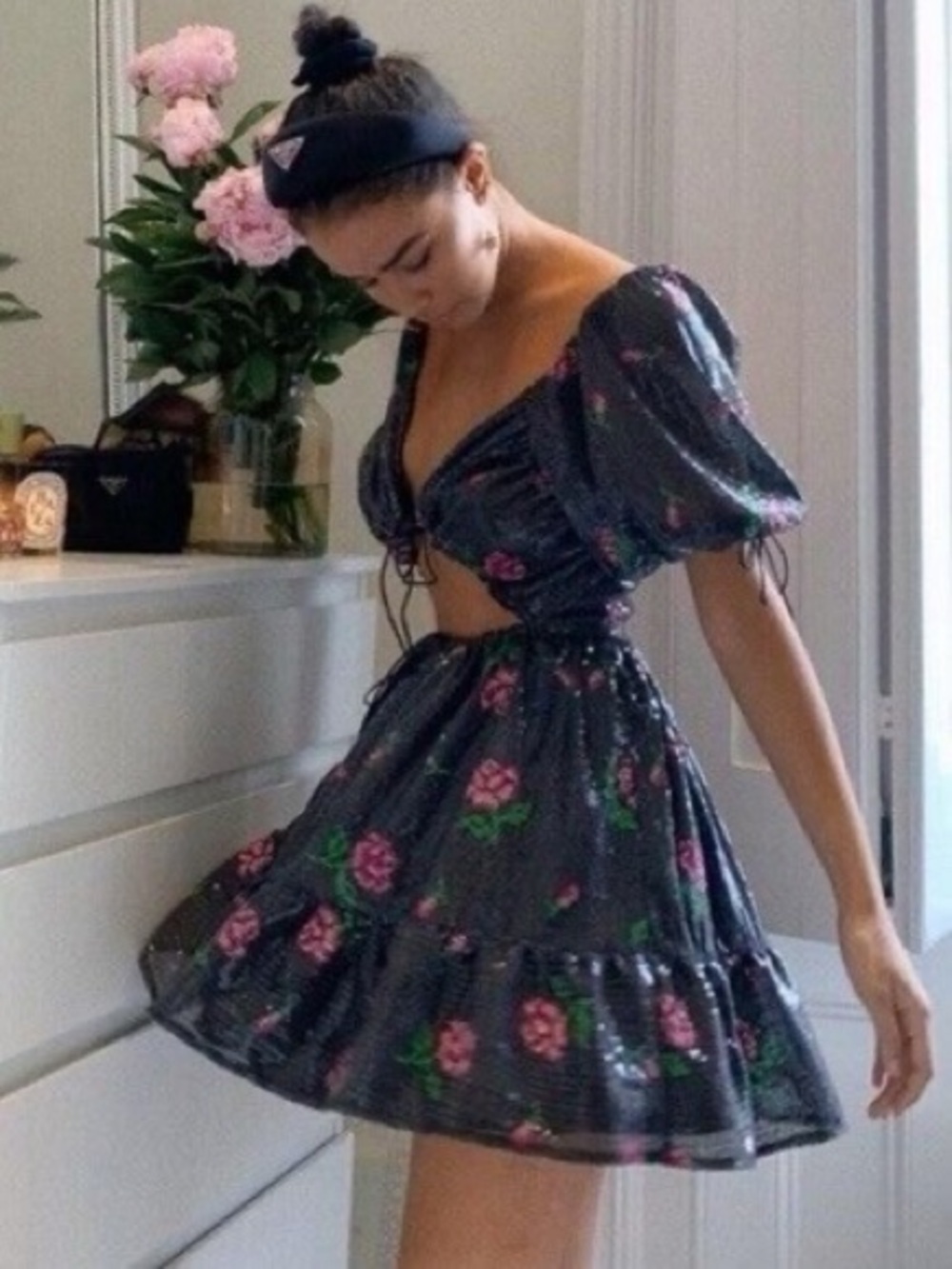 For Love & Lemons Every Rose Sequin Mini Dress Black Floral Cutout Size XS